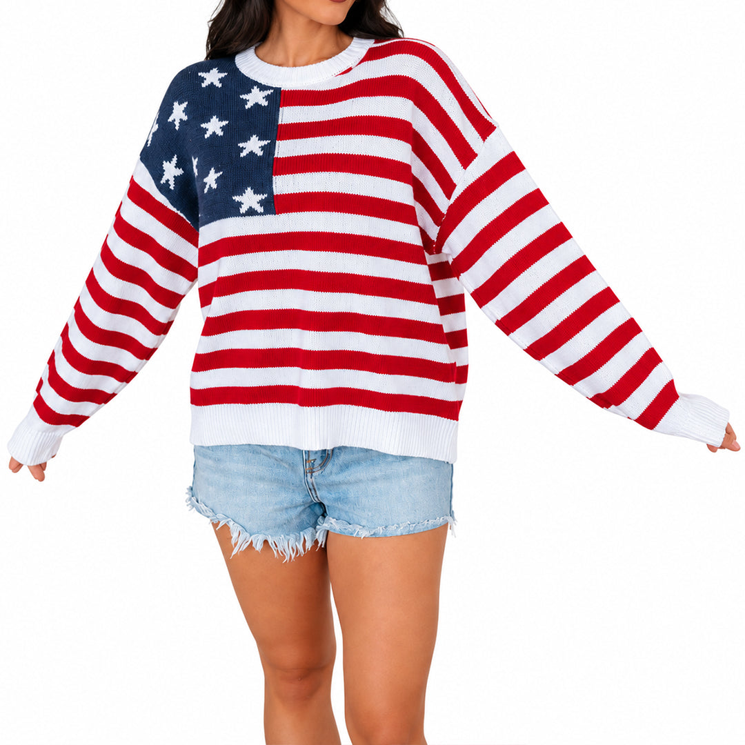 Model wearing a red white and blue striped patriotic sweater
