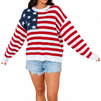 Model wearing a red white and blue striped patriotic sweater