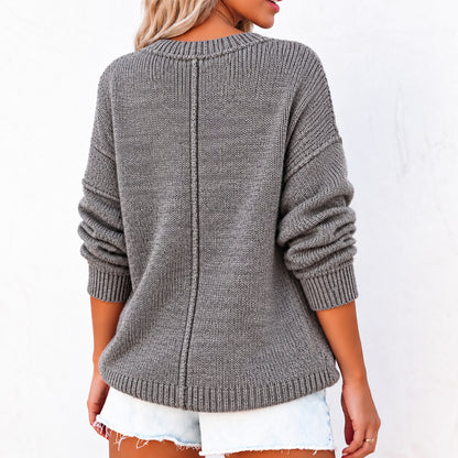 Back view of plain grey long sleeve knit pullover