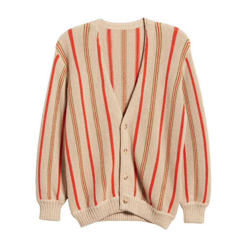 Front view of custom wool blend stripe V-neck cardigan for women