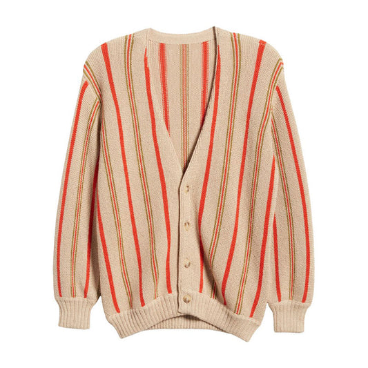 Front view of custom wool blend stripe V-neck cardigan for women