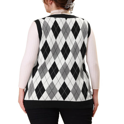 Back view of a plus-size woman wearing a custom V-neck argyle knitted sweater vest in black, white, and grey, layered over a long-sleeve ribbed top.