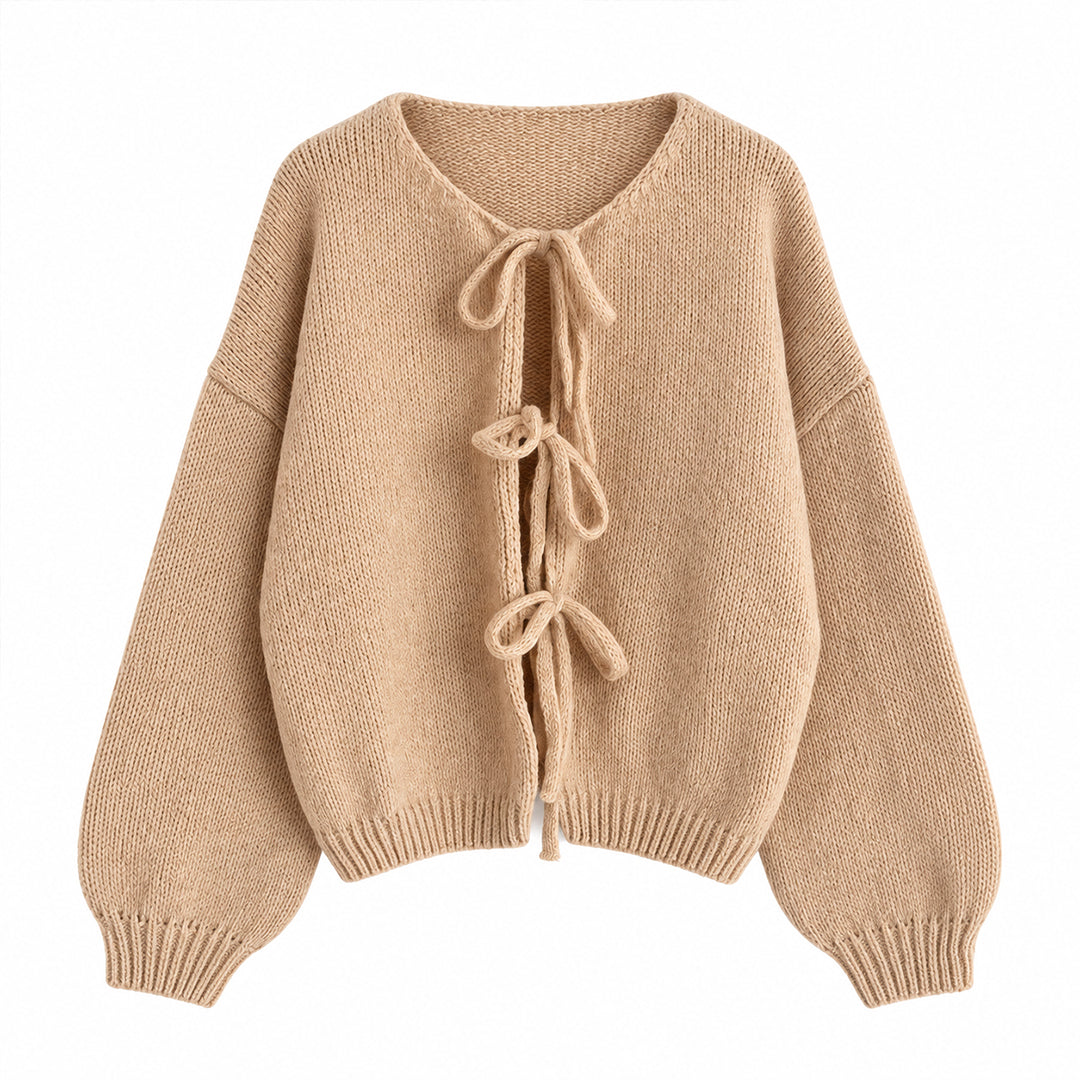 Camel knit cardigan with lace-up front