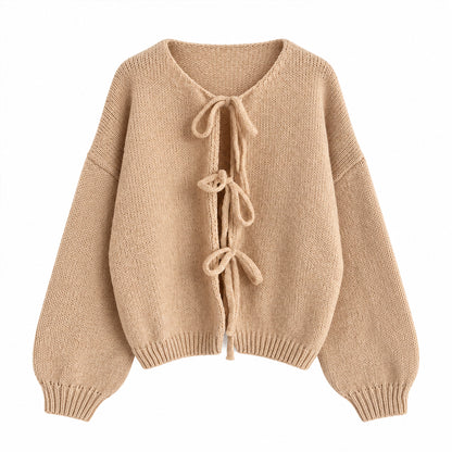 Camel knit cardigan with lace-up front