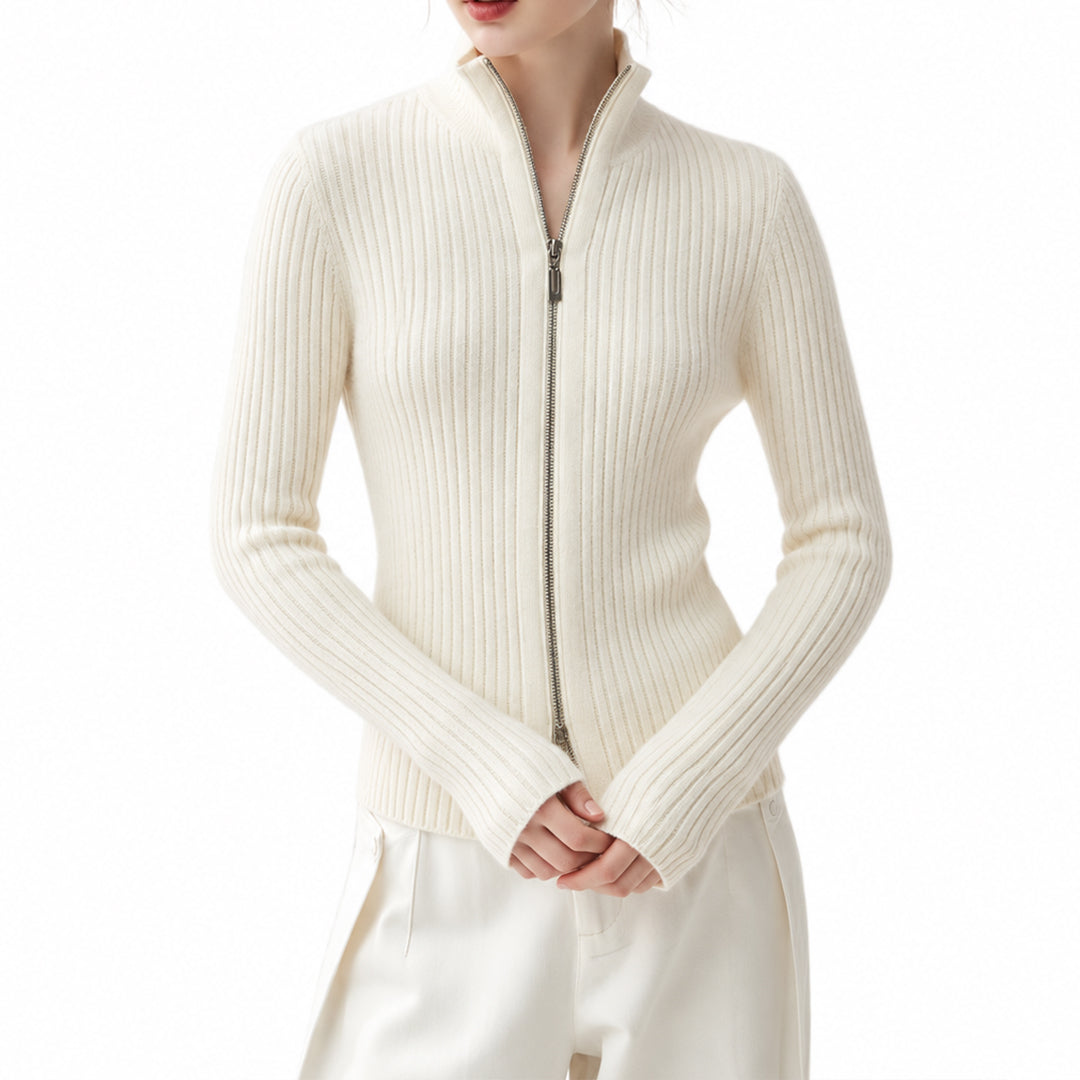 Ivory women's zip-up knit cardigan with long sleeves and a stand collar.