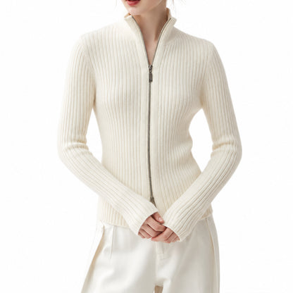 Ivory women's zip-up knit cardigan with long sleeves and a stand collar.