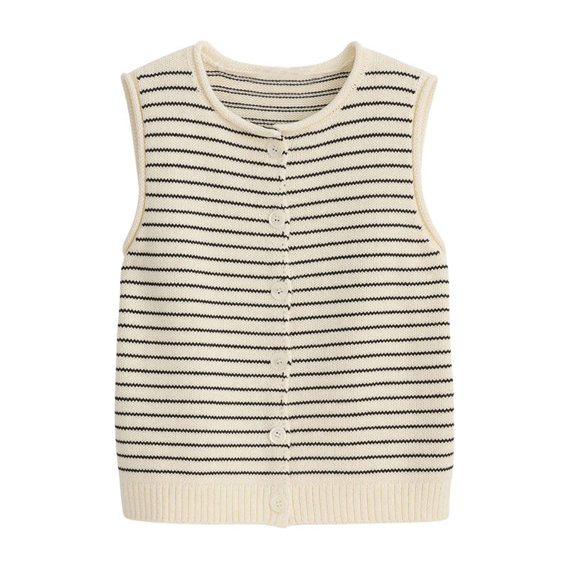 Flat-lay view of a custom stripe knit vest with cream and black horizontal stripes and front buttons, made from a cotton blend.