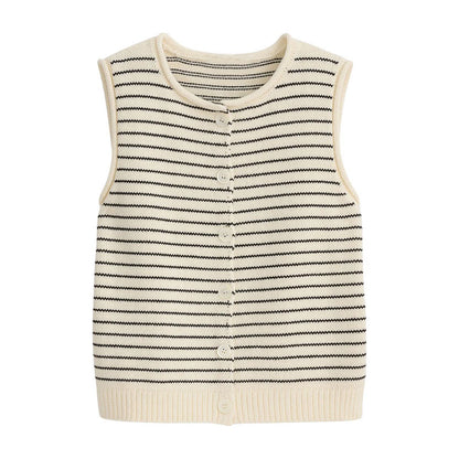 Flat-lay view of a custom stripe knit vest with cream and black horizontal stripes and front buttons, made from a cotton blend.