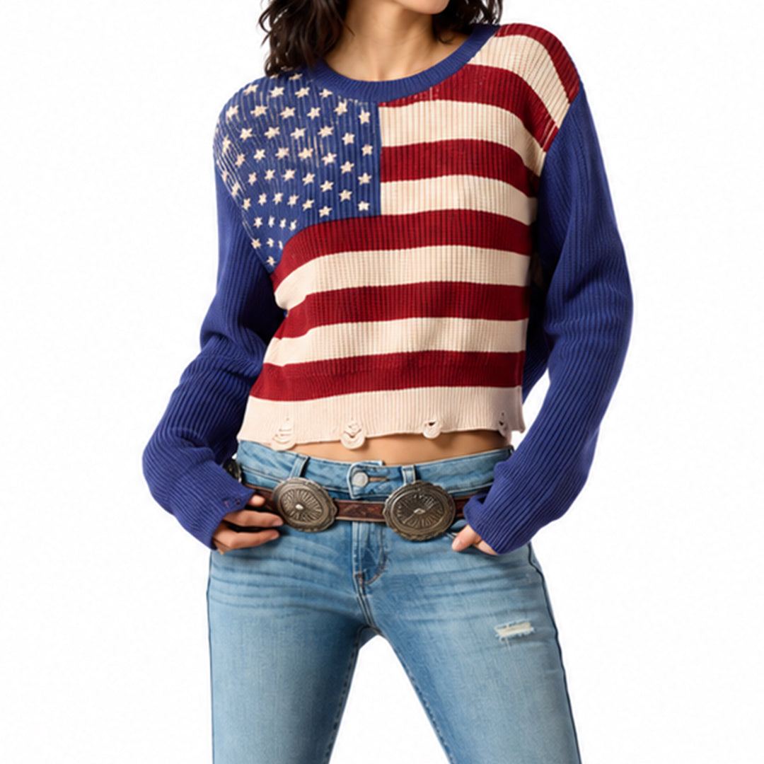 Model wearing a blue American flag crew neck pullover with long sleeves