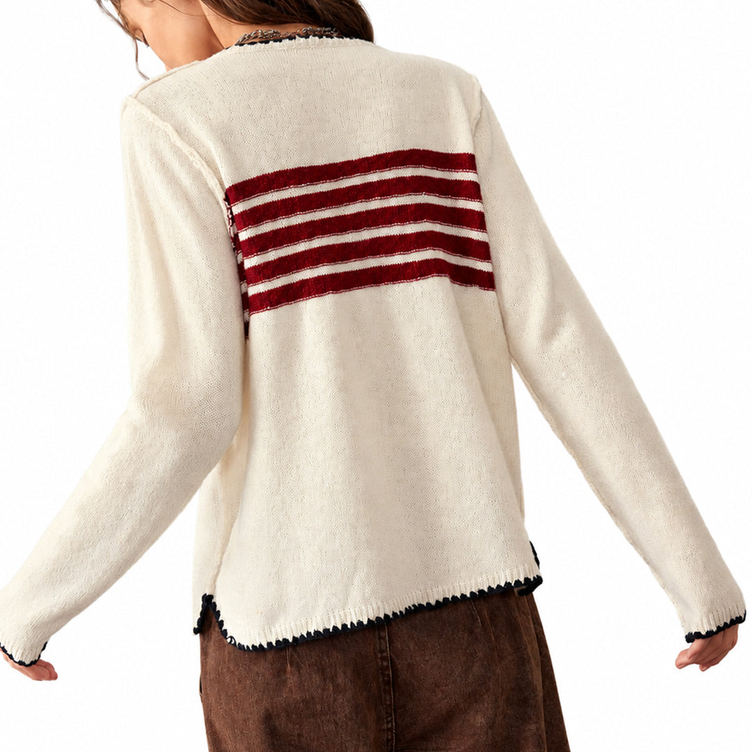Back view of cream knit cardigan with red horizontal stripes