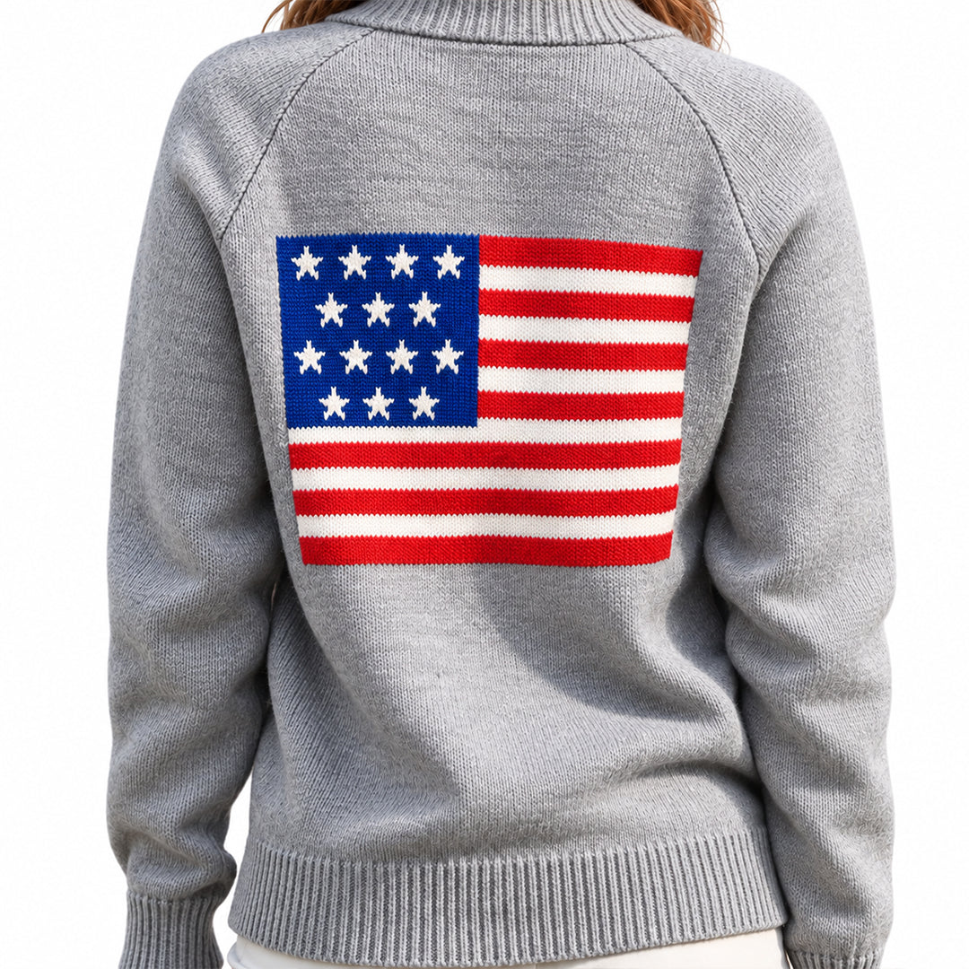 Grey knit cardigan featuring a large American flag graphic on the back