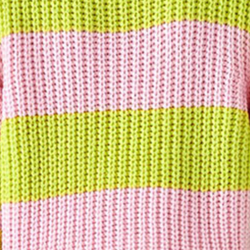 Close-up of the knit texture and colorful pink and green stripes of a custom two-tone knitwear top.