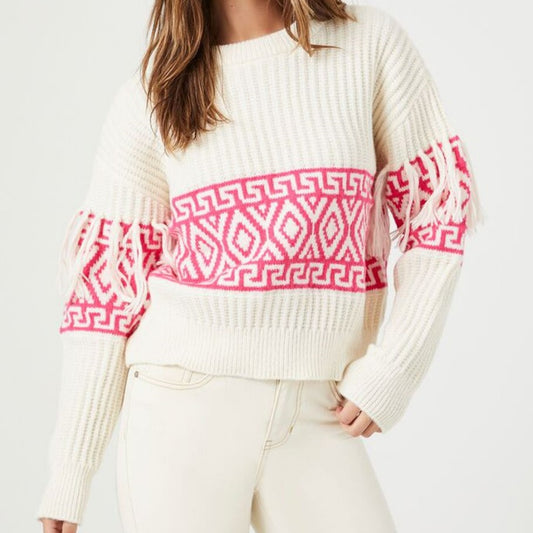 Model wearing a Custom O-neck Fringe-Trim Women’s Knitted Sweater with Ethnic Pattern - Front View
