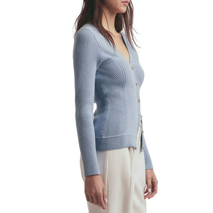 Side view of a custom wool blend light blue knit cardigan with a V-neck and button-up design, showcasing the slim fit.