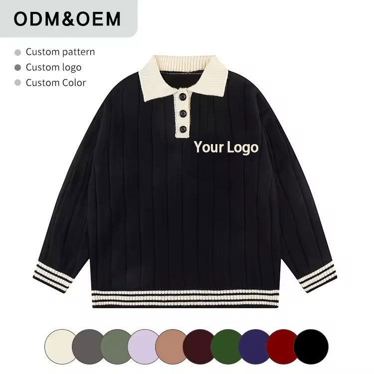 Black Custom Ribbed Varsity Knit Sweater with Cream Collar and Button Detailing, Displaying Multiple Color Options and 'Your Logo' Placement on the Chest.