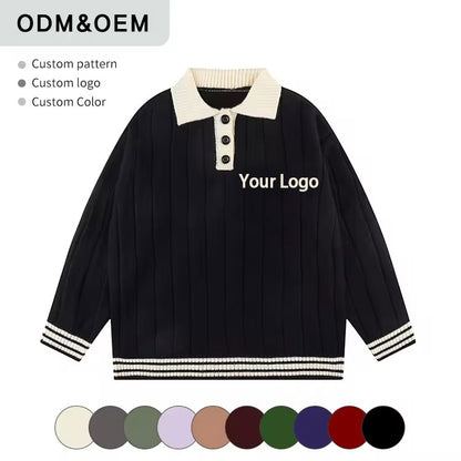 Black Custom Ribbed Varsity Knit Sweater with Cream Collar and Button Detailing, Displaying Multiple Color Options and 'Your Logo' Placement on the Chest.