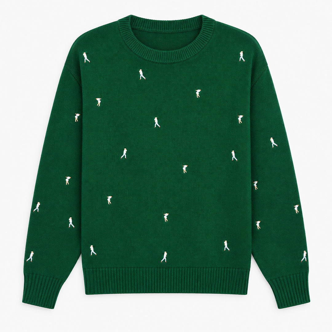Dark green crew-neck sweater with all-over golfer embroidery and ribbed trims