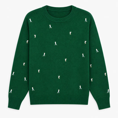 Dark green crew-neck sweater with all-over golfer embroidery and ribbed trims