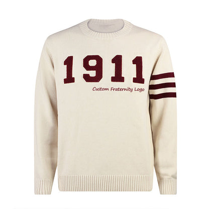 Custom fraternity knit sweater with 1911 design and three-stripe detailing on the sleeve. Bulk orders available