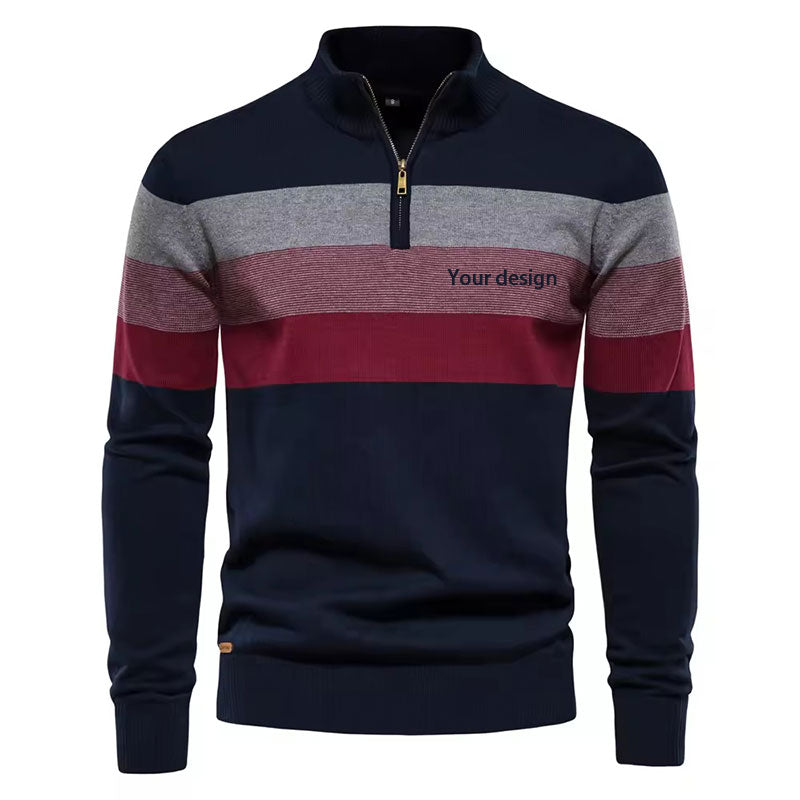 Navy and red striped high collar men’s wool blend knit pullover sweater with ribbed cuffs and hem