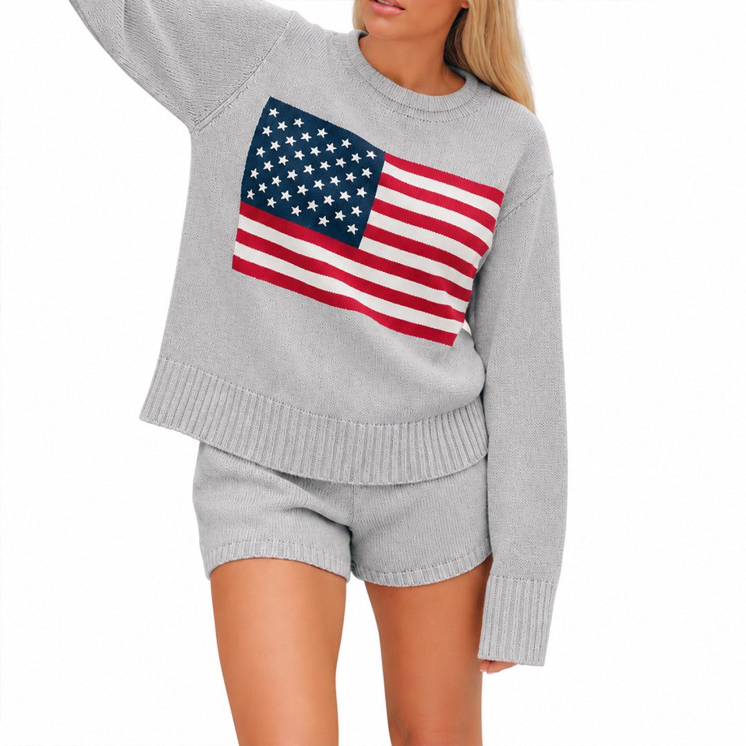 Angled view of grey patriotic pullover with flag design