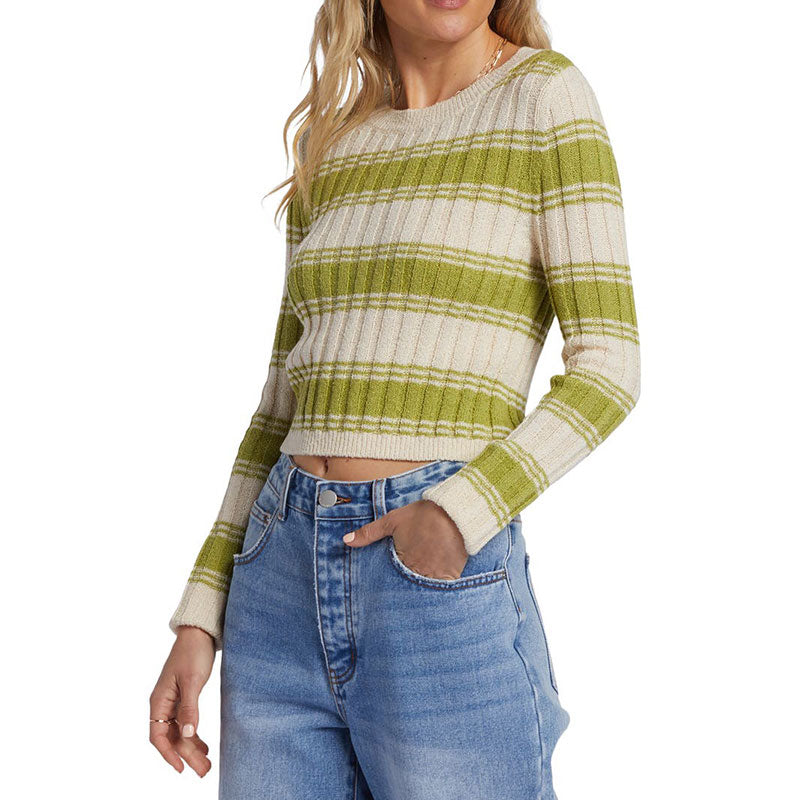 Side view of custom woman sweater with stripe rib knit design