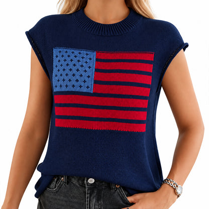 Model wearing a navy sleeveless American flag knit vest