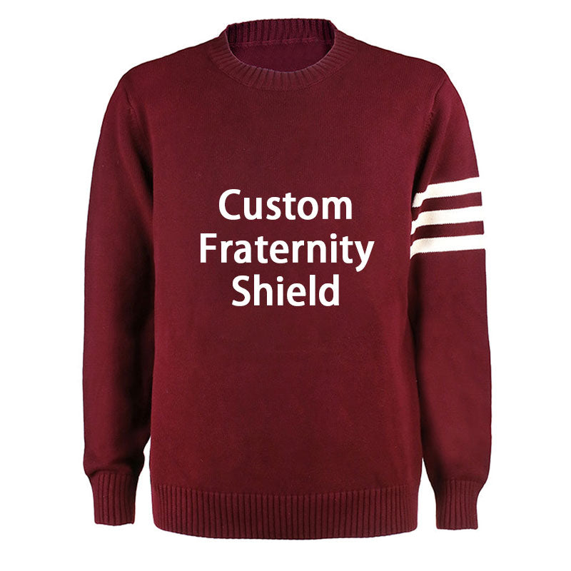 Maroon fraternity knit sweater with embroidered shield and white sleeve stripes. Designed for Greek organizations and bulk orders