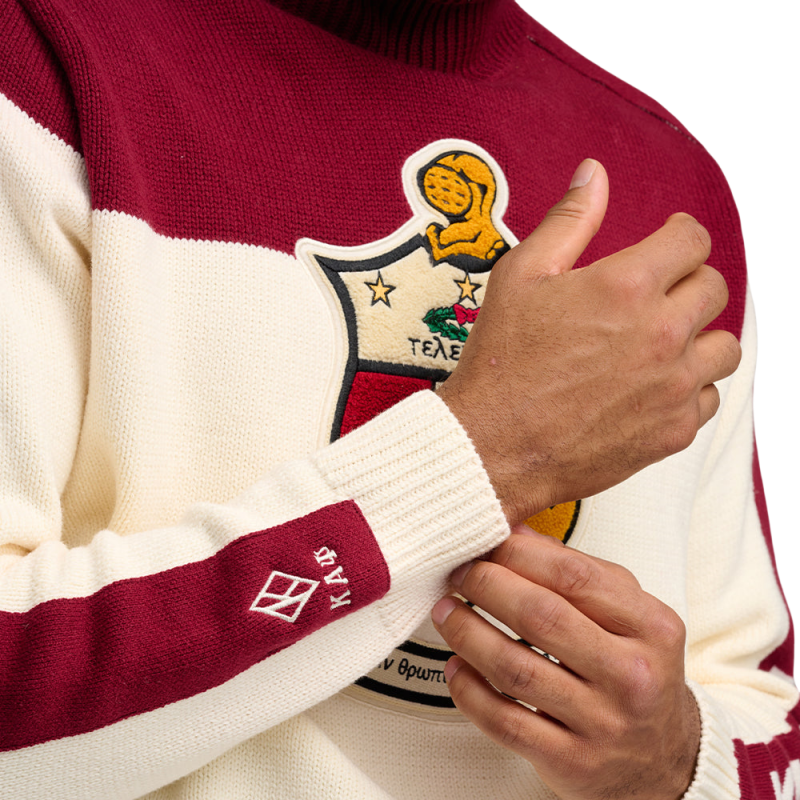 Side view of a custom knit fraternity sweater, highlighting 'MCIMXI' on the sleeve and intricate embroidery on the crest.