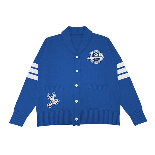 Custom Zeta Phi Beta sorority cardigan sweater in royal blue with dove and ΖΦΒ embroidery – Greek life apparel