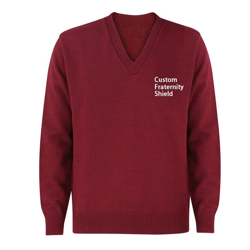 Custom maroon v-neck sleeveless fraternity sweater with Greek shield embroidery on the chest. Ideal for Greek organizations manufactured for bulk orders