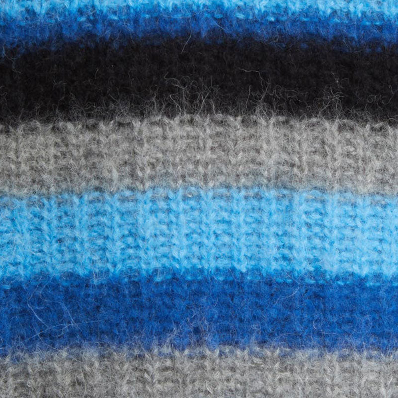 "Close-up of the fabric texture of custom striped mohair knit crew neck pullover sweater