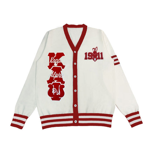 Custom white Kappa Alpha Psi cardigan with embroidered Greek letters and 1911 logo, perfect for Greek life events and group customization