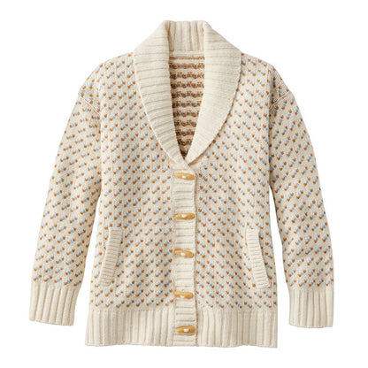 Cream-colored wool blend knit cardigan sweater with shawl collar, ribbed cuffs and hem, and button front closure on a hanger.