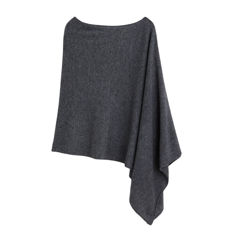 Charcoal grey wool blend poncho with an asymmetrical hem and a smooth, knit texture, displayed against a white background.