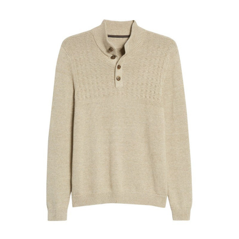 Beige wool cashmere blend knit sweater with a button-up collar, featuring a textured knit pattern on the upper part.
