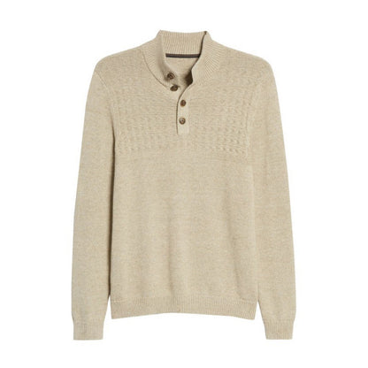 Beige wool cashmere blend knit sweater with a button-up collar, featuring a textured knit pattern on the upper part.