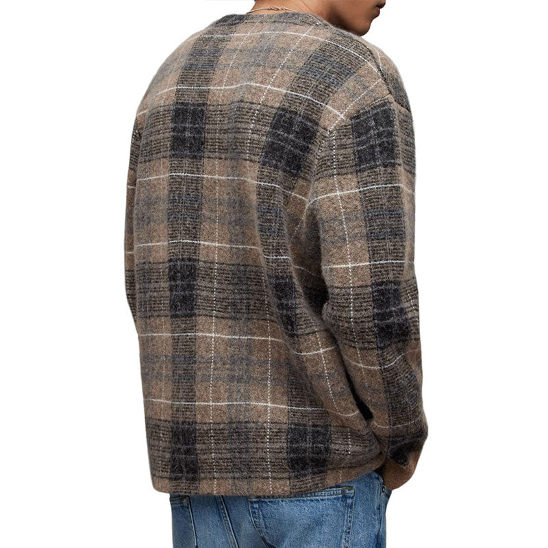 Back view of a man wearing a custom wholesale mohair blend V-neck cardigan sweater in brown plaid