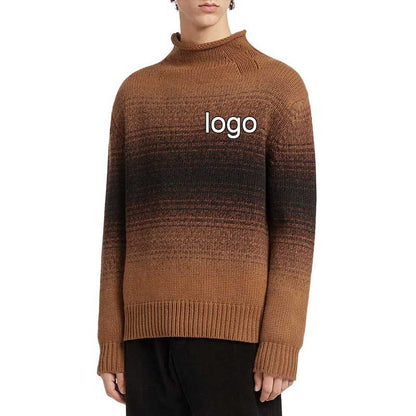 Model wearing Custom 100% Cotton Men Knit Pullover Sweater with gradient ramp design and turtleneck