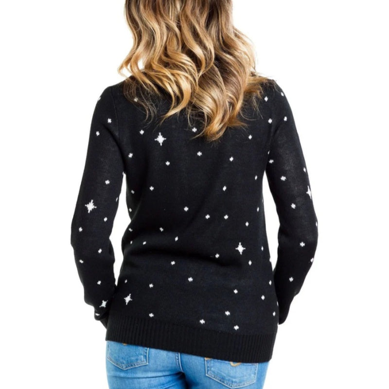 Back view of a custom Christmas sweater with a simple black background and scattered white stars, complementing the festive design on the front.