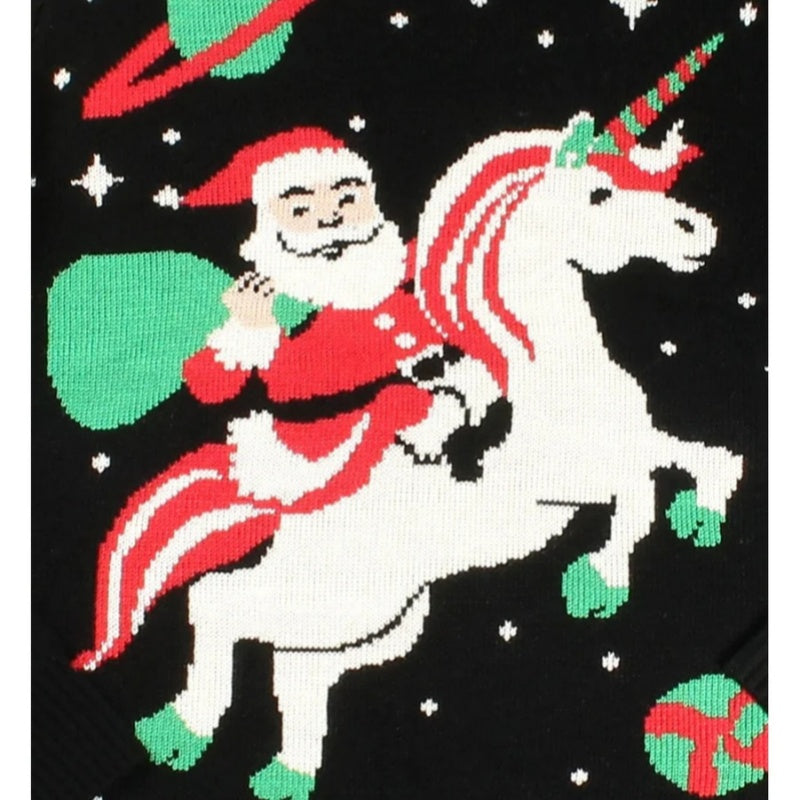 Close-up of a custom Christmas knit sweater featuring Santa Claus riding a unicorn in space, with stars and planets in the background.