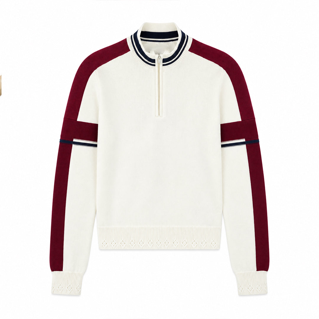 White women's knit polo sweater with burgundy contrast sleeves and striped ribbed trims
