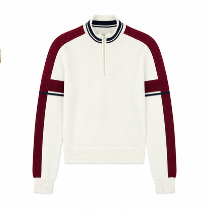 White women's knit polo sweater with burgundy contrast sleeves and striped ribbed trims