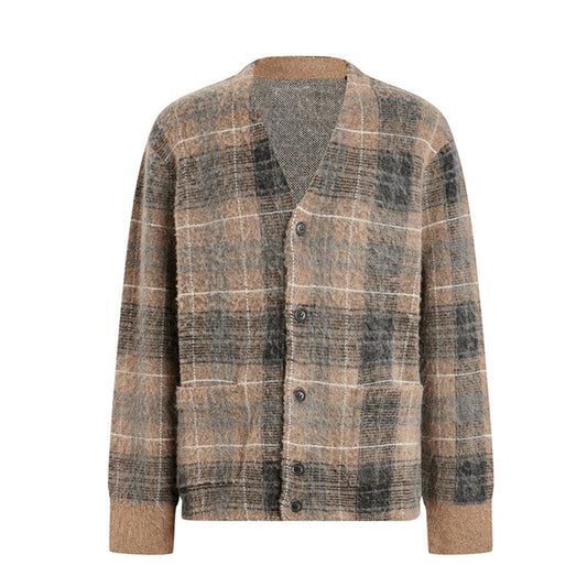 Brown plaid custom wholesale mohair blend V-neck cardigan sweater