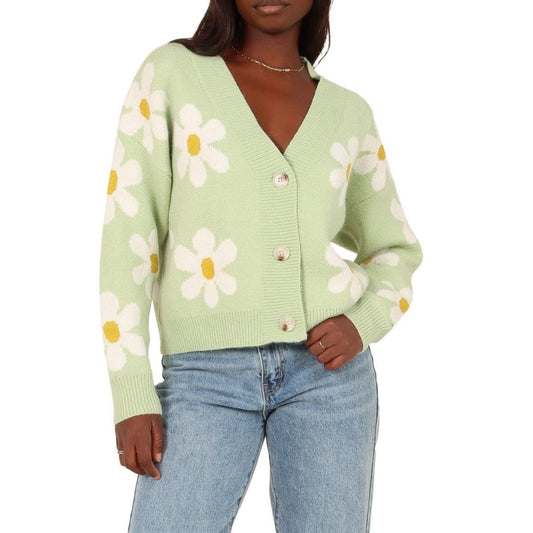 Custom women embroidery knit sweater in light green with white daisy embroidery and a button-up front.