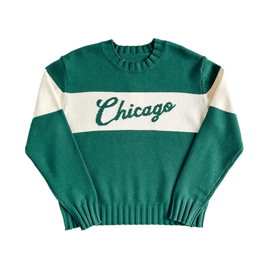 Custom 100% Cotton Women Knit Pullover Sweater with Retro Varsity Stripe - Front View