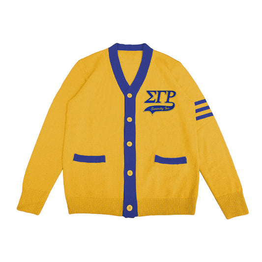 Custom Sigma Gamma Rho sorority cardigan in gold and royal blue, designed for Greek life events and group customization, made by professional cardigan manufacturer
