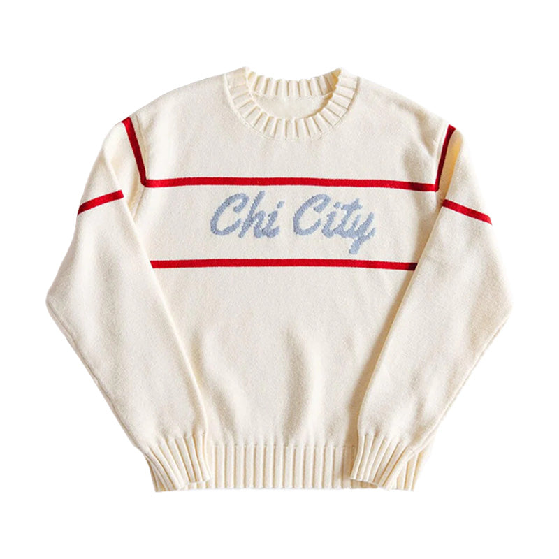 White knit sweater with red horizontal stripes and the text 'Chi City' written in blue across the chest.