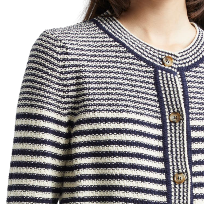 Partial front view showing the neckline and button details of a navy blue and cream striped knit sweater.