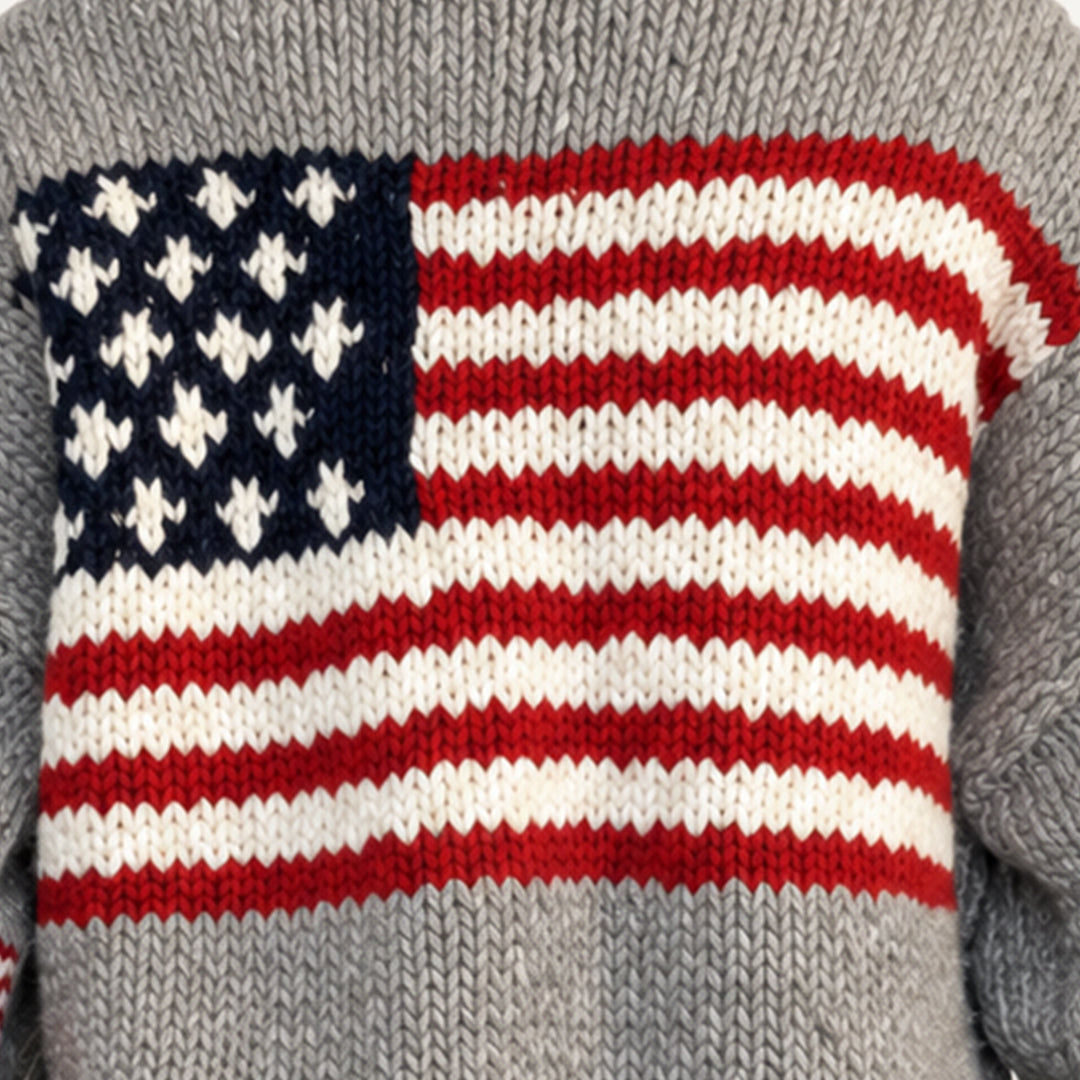 Close-up of American flag graphic on grey knit fabric